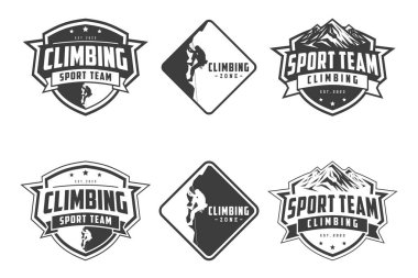 Tırmanış logosu vektörü, amblem seti, Maceralar ve dağ tırmanışı. Etiketler veya logo tasarımları için çizimler