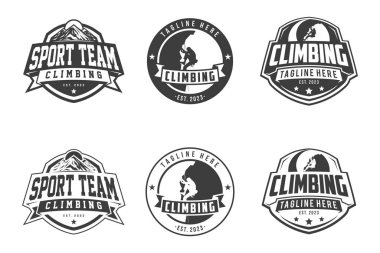 Tırmanış logosu vektörü, amblem seti, Maceralar ve dağ tırmanışı. Etiketler veya logo tasarımları için çizimler