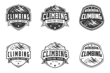 Tırmanış logosu vektörü, amblem seti, Maceralar ve dağ tırmanışı. Etiketler veya logo tasarımları için çizimler