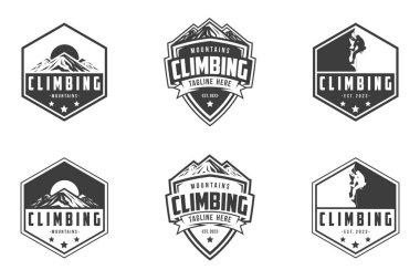 Tırmanış logosu vektörü, amblem seti, Maceralar ve dağ tırmanışı. Etiketler veya logo tasarımları için çizimler