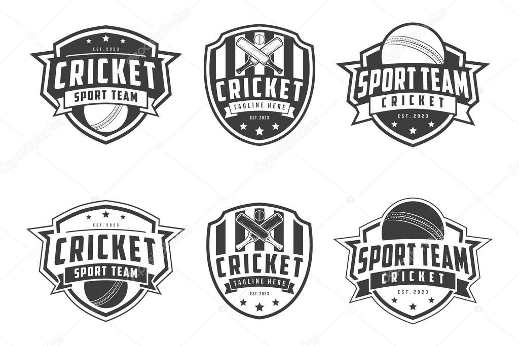 Cricket Logo Badge emblem, cricket team sport design, sticks and cricket ball vector monochrome style