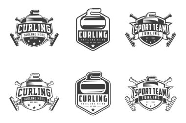 Curling logosu, amblem rozeti, kıvrımlı spor vektör tasarımı, tek renkli saç stili rozetleri. Spor takımları için etiketler
