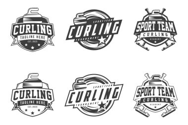 Curling logosu, amblem rozeti, kıvrımlı spor vektör tasarımı, tek renkli saç stili rozetleri. Spor takımları için etiketler