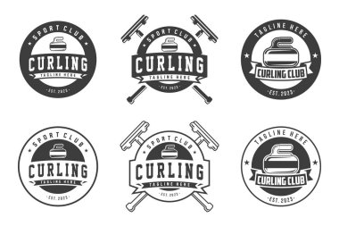 Curling logosu, amblem rozeti, kıvrımlı spor vektör tasarımı, tek renkli saç stili rozetleri. Spor takımları için etiketler