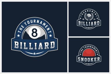 Bilardo logosu, bilardo logosu logosu spor tasarım şablonu, bilardo takımı amblemi rozeti, bilardo ve bilardo turnuvası logosu tasarım vektör çizimi