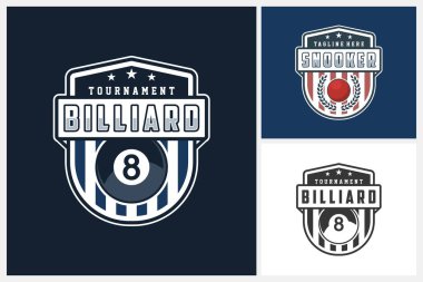 Bilardo logosu, bilardo logosu logosu spor tasarım şablonu, bilardo takımı amblemi rozeti, bilardo ve bilardo turnuvası logosu tasarım vektör çizimi