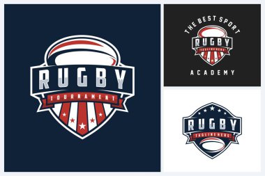 Rugby logosu spor tasarım şablonu, rugby amblem vektörü, rugby turnuvası logo tasarımı vektör çizimi