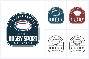 Rugby logosu spor tasarım şablonu, rugby amblem vektörü, rugby turnuvası logo tasarımı vektör çizimi