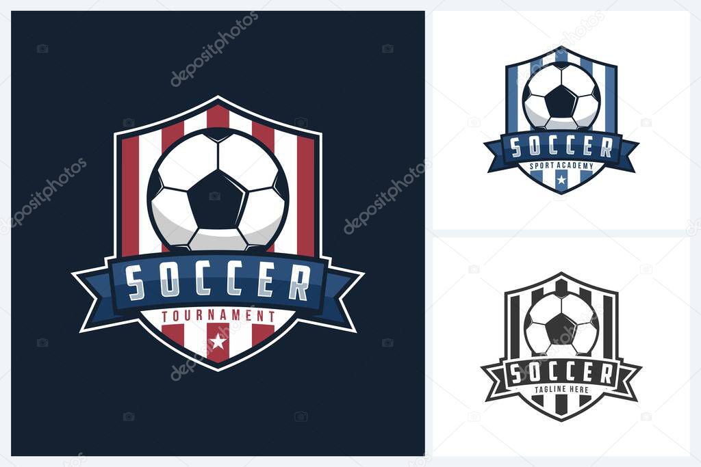 Soccer logo sport design template, soccer or football emblem vector, soccer or football tournament badge logo design vector illustration