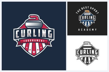 Curling logo spor tasarım şablonu, curling spor amblem vektörü, curling game logo rozet tasarım vektörü çizimi