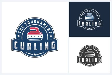 Curling logo spor tasarım şablonu, curling spor amblem vektörü, curling game logo rozet tasarım vektörü çizimi
