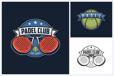 Padel logo spor tasarım şablonu, Padel spor amblem vektörü, Padel oyun turnuva logo rozet tasarımı vektör çizimi