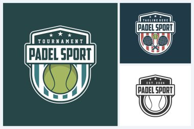 Padel logo spor tasarım şablonu, Padel spor amblem vektörü, Padel oyun turnuva logo rozet tasarımı vektör çizimi