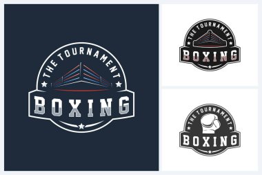 Boks logosu tasarım şablonu, boks sporu amblem vektörü, boks turnuvası logo rozet tasarımı vektör çizimi