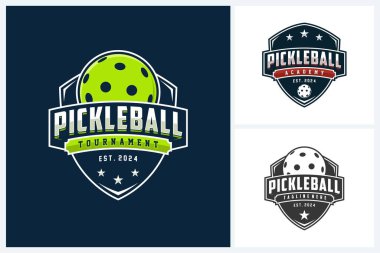 Pickleball logo spor tasarım şablonu, Pickleball spor amblem vektörü, Pickleball turnuvası logo rozet tasarımı vektör çizimi