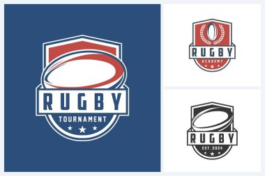 Rugby logosu spor tasarım şablonu, rugby amblem vektörü, rugby turnuvası logo tasarımı vektör çizimi