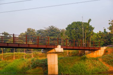 Parkta güçlü destekleri olan kahverengi demir köprü.