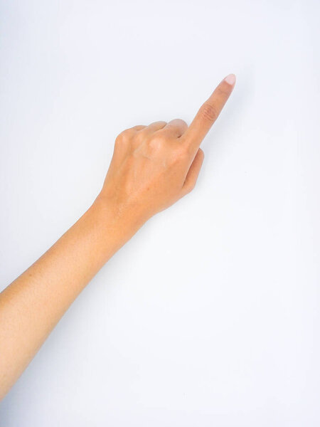 Женская рука указывает на изолированный белый фон