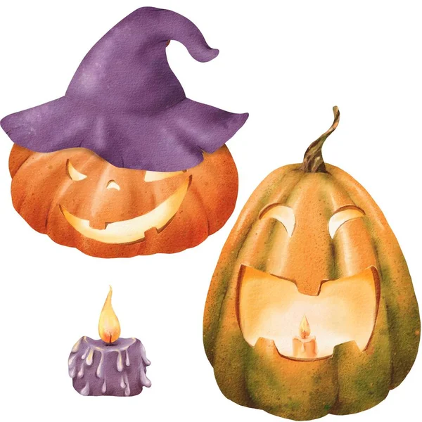 Composición Vela Con Una Llama Brillante Calabaza Naranja Para Halloween —  Fotos de Stock