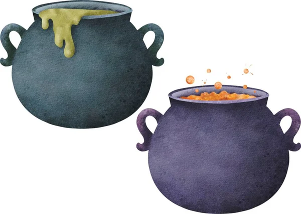 Set Dark Cauldrons Green Orange Potions Funny Bubbles Decoction Sorceress — Stock Photo, Image
