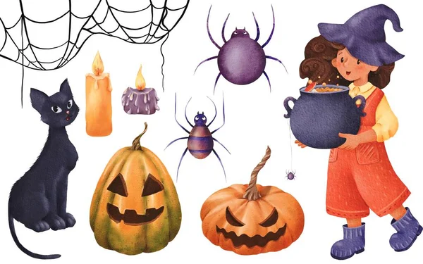 Halloween Set Cute Witch Cat Spiders Web Witch Character Cauldron — Stock Photo, Image