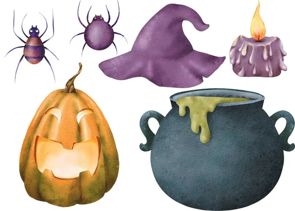 Halloween Set Spiders Witch Hat Candle Flame Pumpkin Funny Lightface — Stock Photo, Image