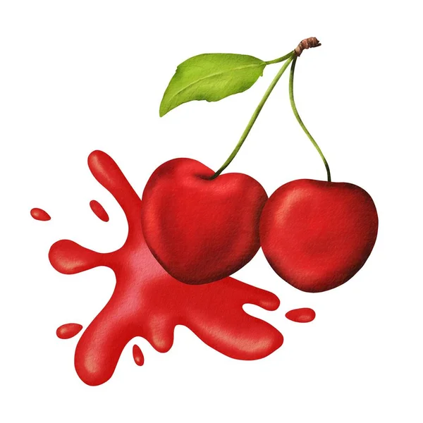 벚꽃과 달콤한 주스의 스플래시의 제품의 Juiciness 그리고 레모네이드 프린트 수채화 — 스톡 사진