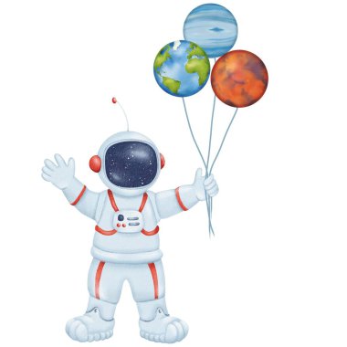 Astronot, gezegen balonlarıyla birlikte duruyor. Dünya, Neptün, Mars. Doğum günü kartı, davetiye, Kozmonotlar Günü selamı. Oğul, kız, torunlar için bir hediye. Suluboya çocuklar izole edilmiş çizimler.