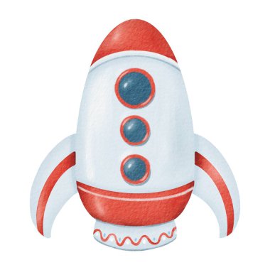 Roket gibi. Çizgi film sanatı. Suluboya izole bir resim. Kâşif, galaksiler arası kırmızı beyaz bir gemi. Pencerelerine yansıyan boşluk. Hız sembolü, gol başarısı. Kartlar, baskılar, sunumlar.