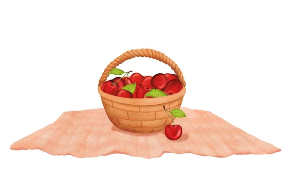 Cozy Home Composition Harvest Sweet Ripe Juicy Cherries Wicker Basket — Stock Photo, Image