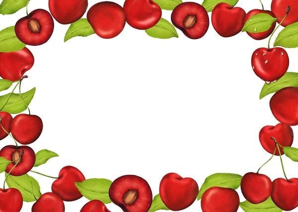 Rectangular Frame Elegantly Embellished Plump Succulent Richness Cherry Berries Complemented — Stock Photo, Image