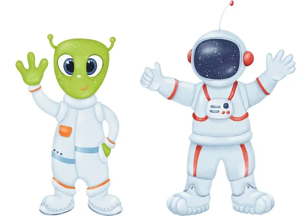 Ruimte Personages Vriendelijke Alien Leuke Astronaut Wezens Ruimtepak Helm Ruimtevaart — Stockfoto