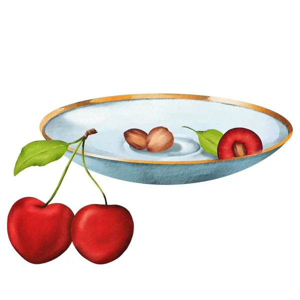 Composition Ripe Juicy Cherry Berries Plate Eaten Berries Cozy Homely — Stock Photo, Image
