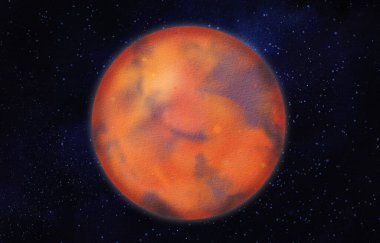 Mars, güneş sistemindeki dördüncü gezegen. Gece yıldızlı gökyüzü. Okullar, astronomi dersleri, defter ve günlükler için. Astrolojide ateş ve savaş, burçların koruyucusu Koç burcu. Suluboya