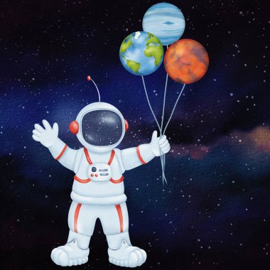 Uzay temalı kart. Astronot, bir buket gezegen ve balonla sınırsız yıldızlı gökyüzüne karşı duruyor. Doğum günü partisi için neşeli bir karakter, davetiye, kostüm partisi için. suluboya resimleme.