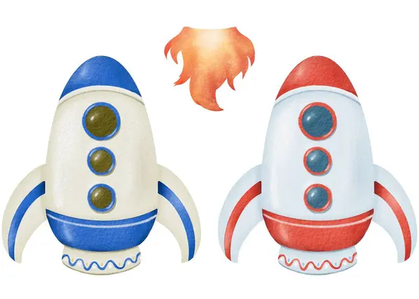 Juego Elementos Dibujos Animados Cohetes Azul Rojo Con Llamas Propulsor — Foto de Stock