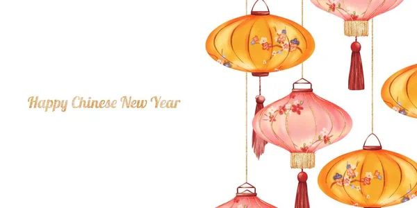 Watercolor Illustration Chinese New Year Celebration Backdrop Chinese Lanterns Red — Stock Photo, Image