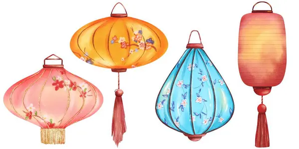 Set of Chinese paper lanterns in orange, red, and blue. Floral patterns adorn the lanterns with golden fringes. Perfect for Chinese New Year or Lantern Festival. Watercolor isolated elements.