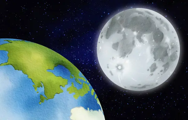 Feche Planeta Terra Com Lua Céu Estrelado Noturno Representação Para — Fotografia de Stock