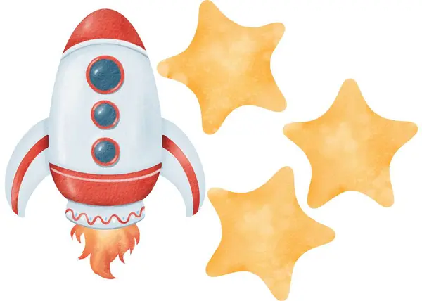 Espaço Definido Foguete Com Chama Bico Vermelho Branco Três Estrelas — Fotografia de Stock