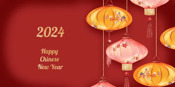庆祝中国新年的华丽喜庆的红色背景 中国灯笼呈红色和橙色 以金字为特色 为你的创意项目提供充足的空间 水彩画 — 图库照片