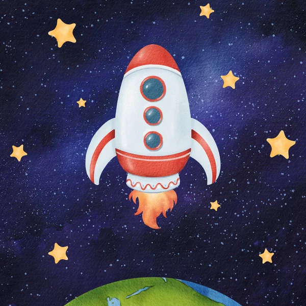 一枚火箭从地球上分离 飞入开阔的太空 宇宙飞船踏上了通往新世界的旅程 无边无际的星状星系 水彩画儿童插图 — 图库照片