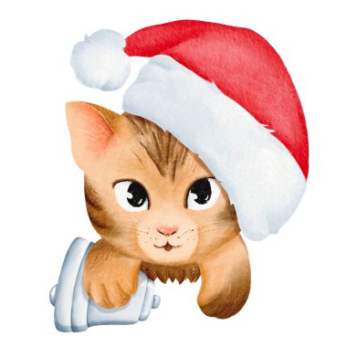 Noel Baba şapkalı sevimli çizgili kedi yavrusu Noel çanı taşıyor. Bir kedinin karikatür portresi yeni yıl şenliği havası yayar. Kartlar, davetiyeler, posterler, çıkartmalar için ideal. Suluboya çizimi.