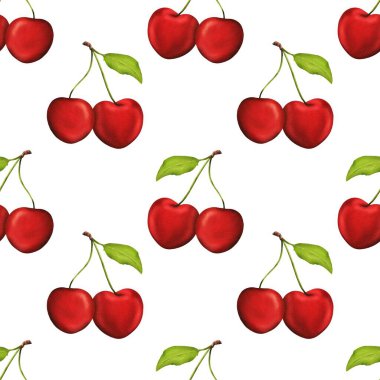 Kusursuz parlak kiraz deseni. Mutfak temalı dekorlar, tarifler, tekstil, önlükler, ambalajlar, reçel ve şeker gibi kiraz ürünleri ve sakız ambalajları için. suluboya resimleme.