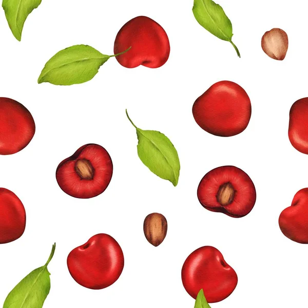 Seamless Watercolor Pattern Luscious Cherries Perfect Kitchen Decor Recipes Textiles — Stock Photo, Image