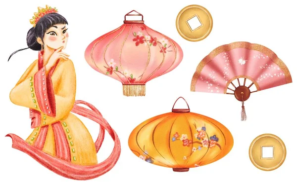 Watercolor Eastern Collection Asian Girl Vibrant Kimono Ornate Chinese Lanterns — Stock Photo, Image