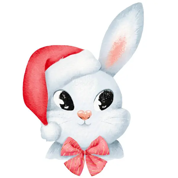 圣诞作文 戴着红色圣诞老人帽 头戴节日弓的可爱兔子 卡通兔子肖像 新年贺卡和圣诞卡 邀请函 孤立的水彩画 — 图库照片