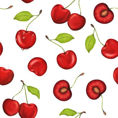 suluboya çizimler, dolgun, sulu kirazlarla süslenmiş kusursuz desenler. Mutfak dekorasyonu, yemek tarifleri, tekstil, reçel etiketleri, önlükler, ambalajlar, meyve suları, vişne şekerlemeleri ve sakız ambalajları için ideal.