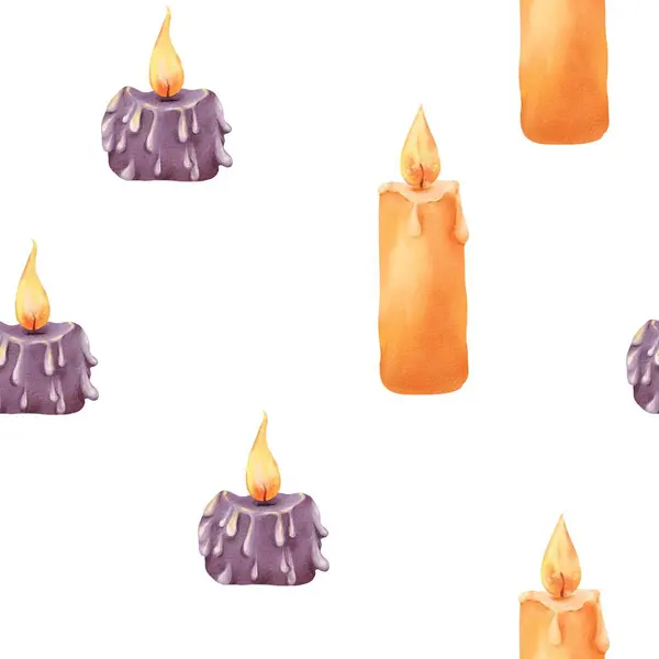 水彩シームレスなパターン ろうそくは クリスマスのヒントで宗教的なテーマを呼び起こします ハロウィーンの色 オレンジと紫 ワックスのドロップレットで暖かい炎 テキスタイルや本を包装するために — ストック写真
