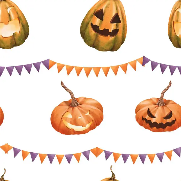 Seamless Halloween pattern with bright pumpkins sporting carved faces. orange and purple festive flags garlands. Classic holiday elements in a watercolor illustration. for packaging textiles and more.